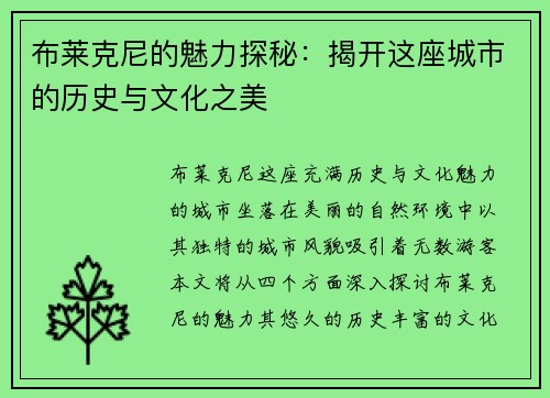 布莱克尼的魅力探秘：揭开这座城市的历史与文化之美