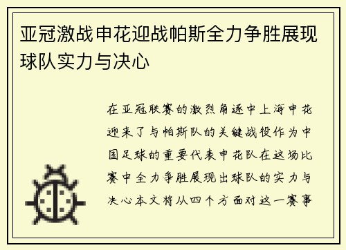 亚冠激战申花迎战帕斯全力争胜展现球队实力与决心