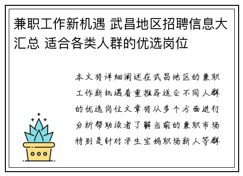 兼职工作新机遇 武昌地区招聘信息大汇总 适合各类人群的优选岗位