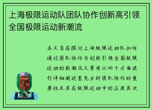 上海极限运动队团队协作创新高引领全国极限运动新潮流